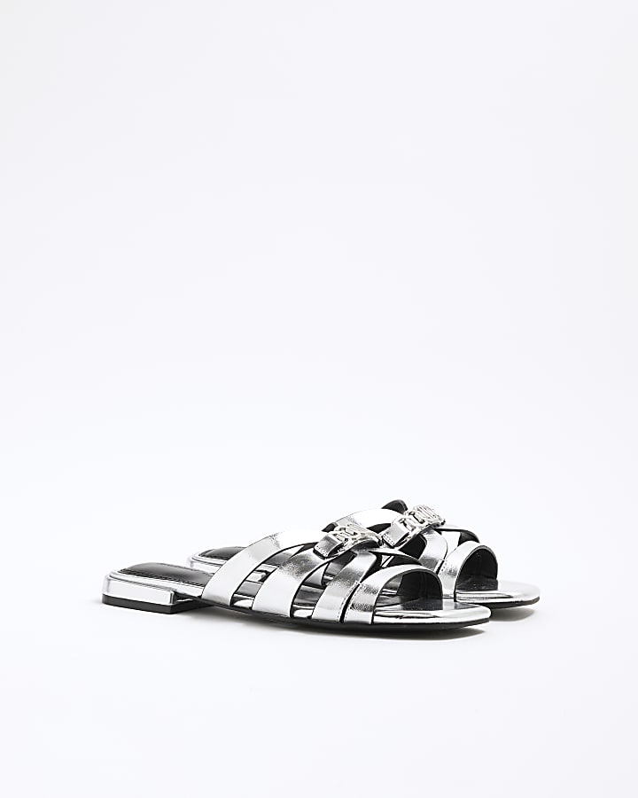 Silver Faux Leather Strappy Mule Sandals