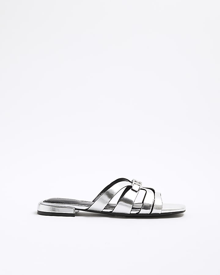 Silver Faux Leather Strappy Mule Sandals