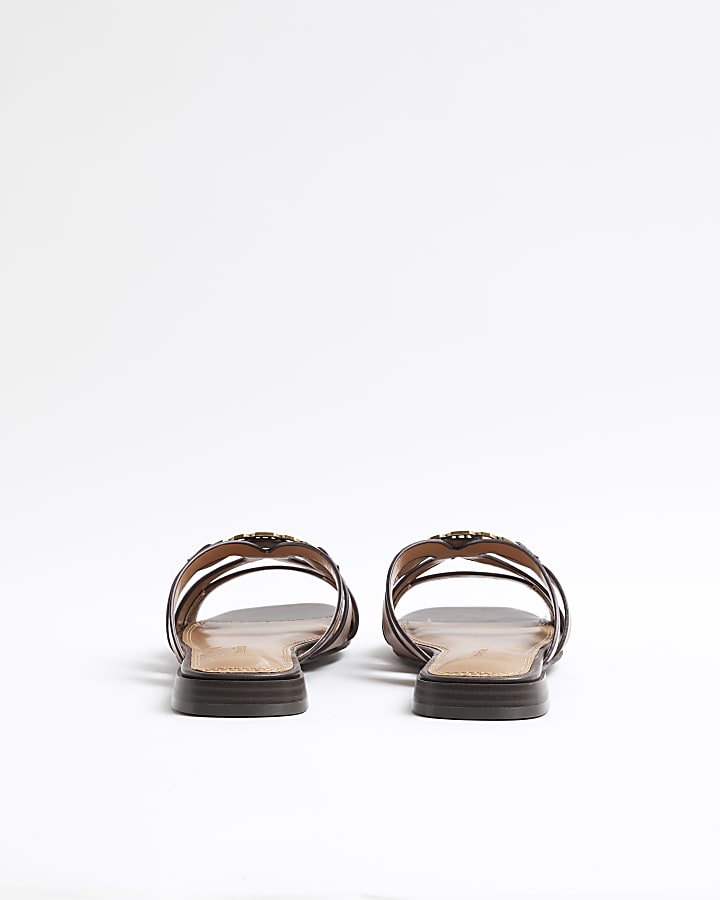 Brown Strappy Flat Mule Sandals