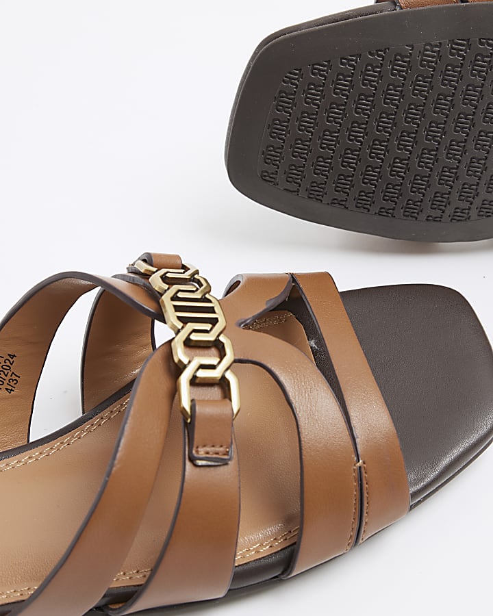 Brown Faux Leather Strappy Flat Mule Sandals