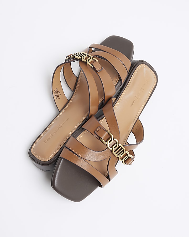 Brown Faux Leather Strappy Flat Mule Sandals