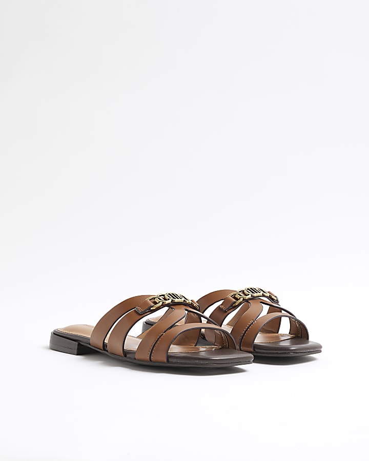 Brown Faux Leather Strappy Flat Mule Sandals