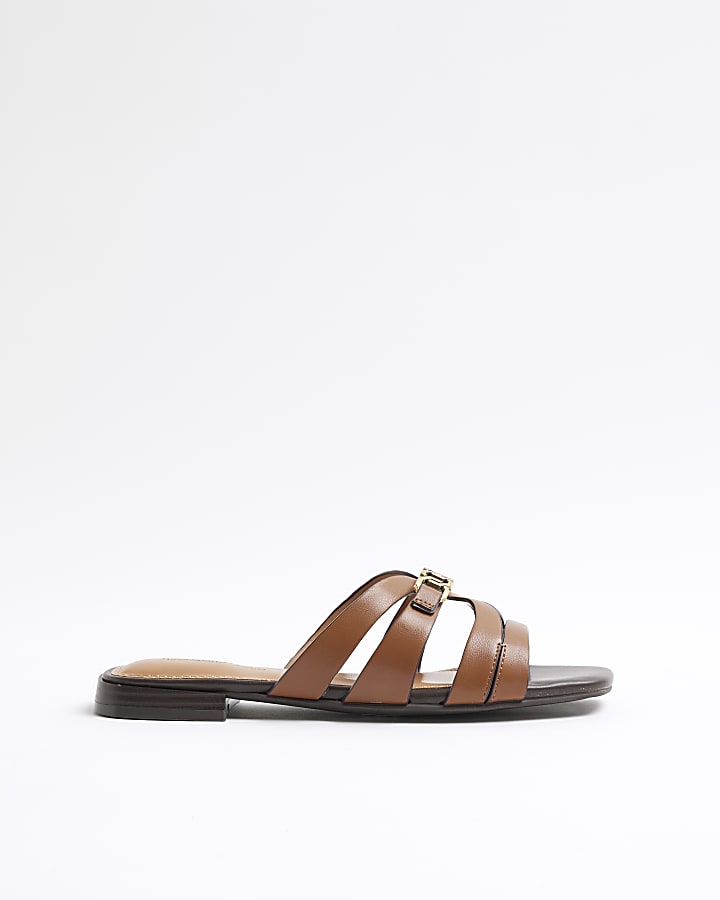 Brown Strappy Flat Mule Sandals