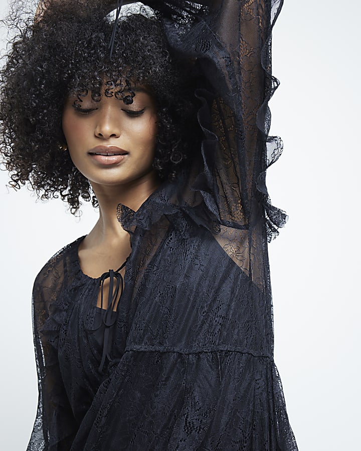 Black Lace Long Sleeve Frill Maxi Dress