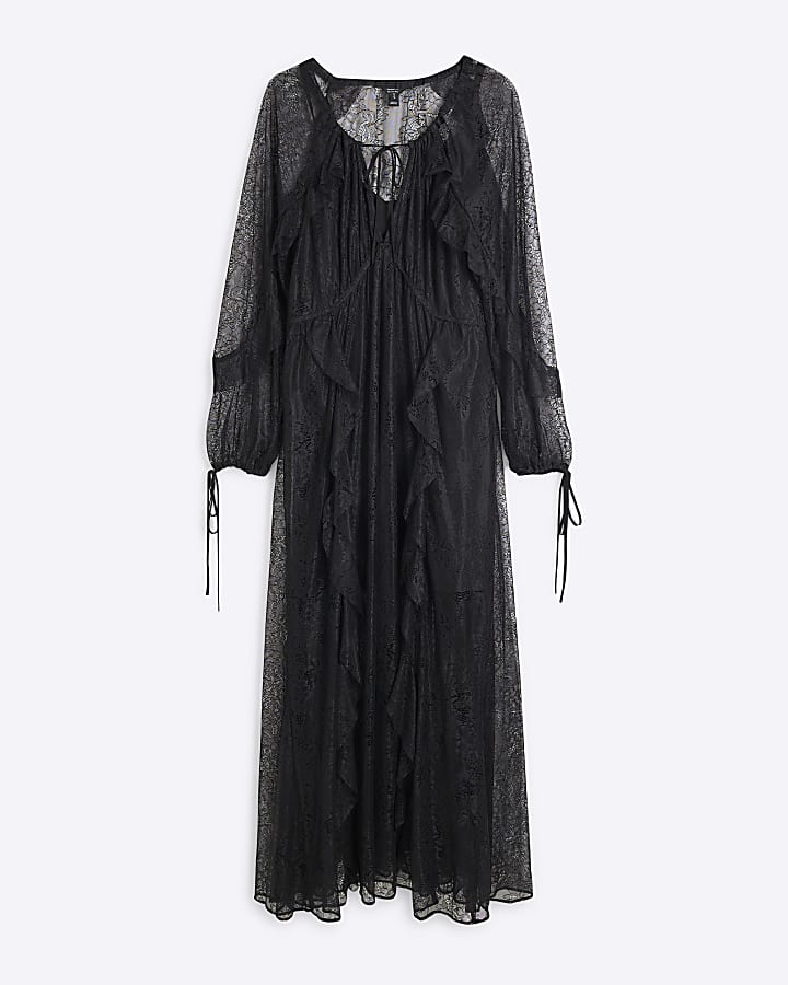 Black Lace Long Sleeve Frill Maxi Dress