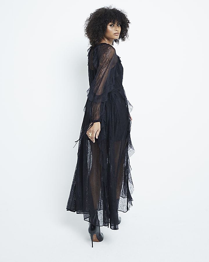 Black Lace Long Sleeve Frill Maxi Dress