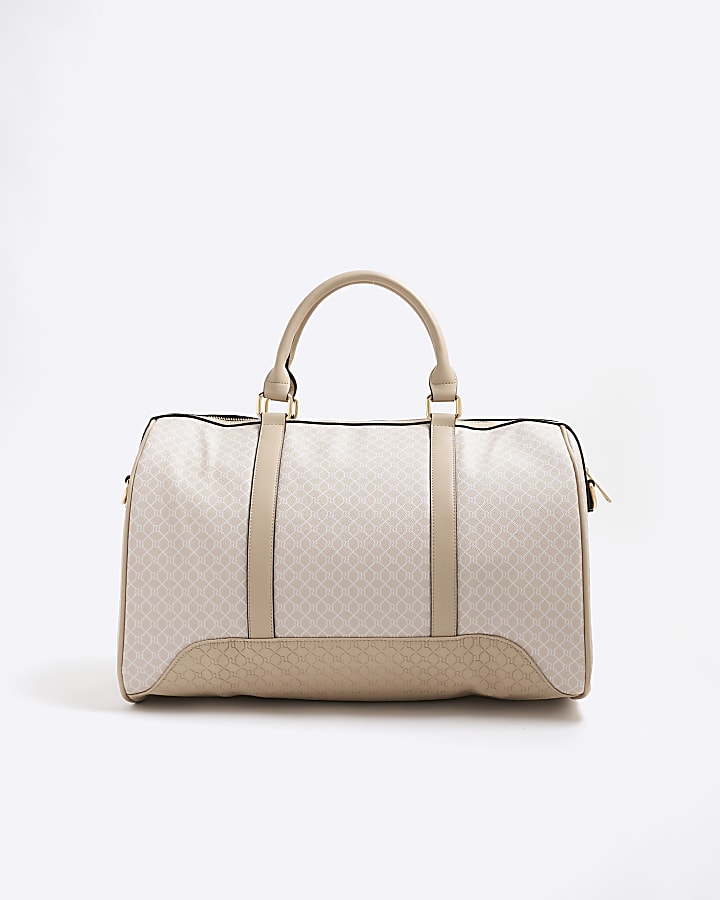 Beige Monogram Print Barrel Weekend Bag