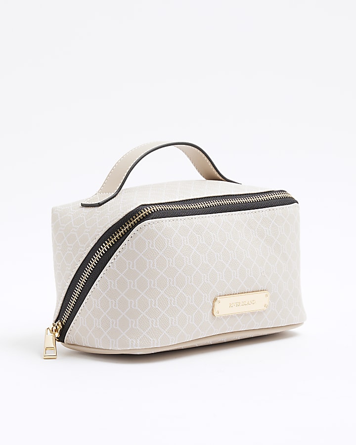 Beige Faux Leather Monogram Make Up Bag