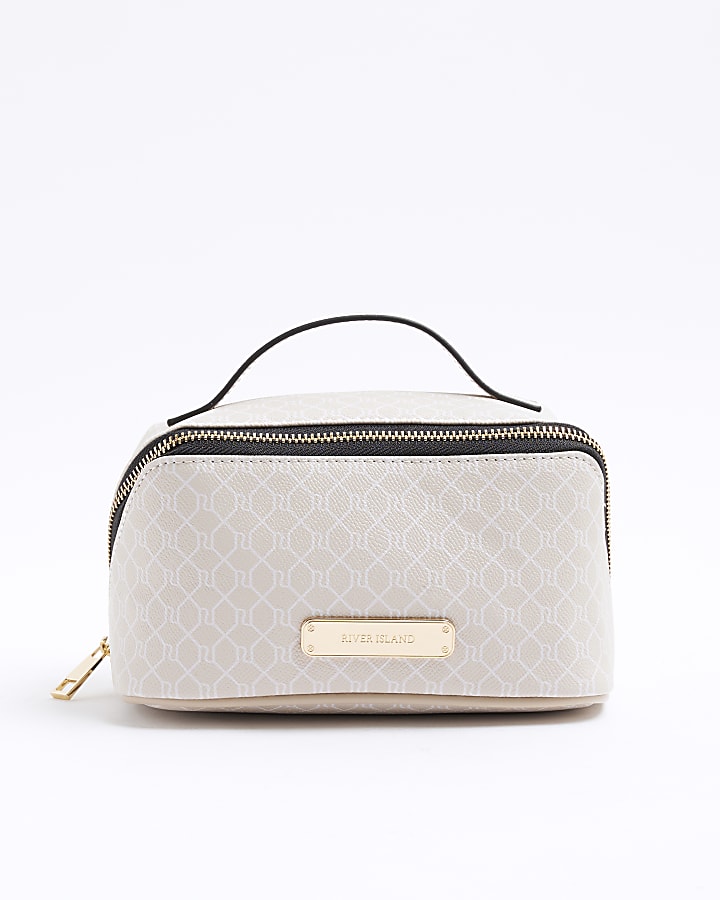 Beige Faux Leather Monogram Make Up Bag