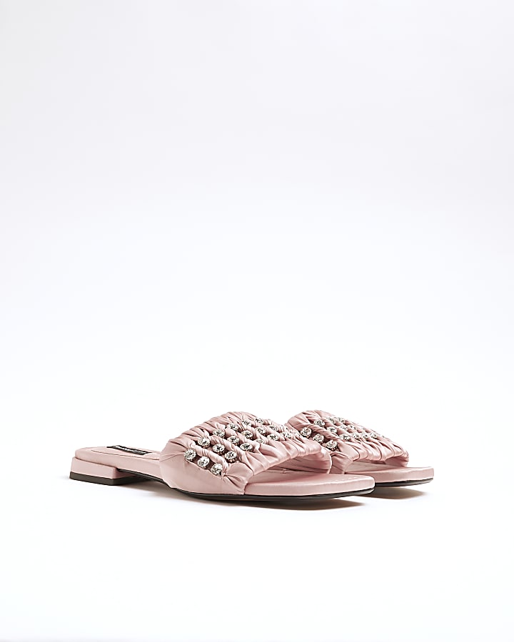 Pink Embellished Ruched Flat Sandals