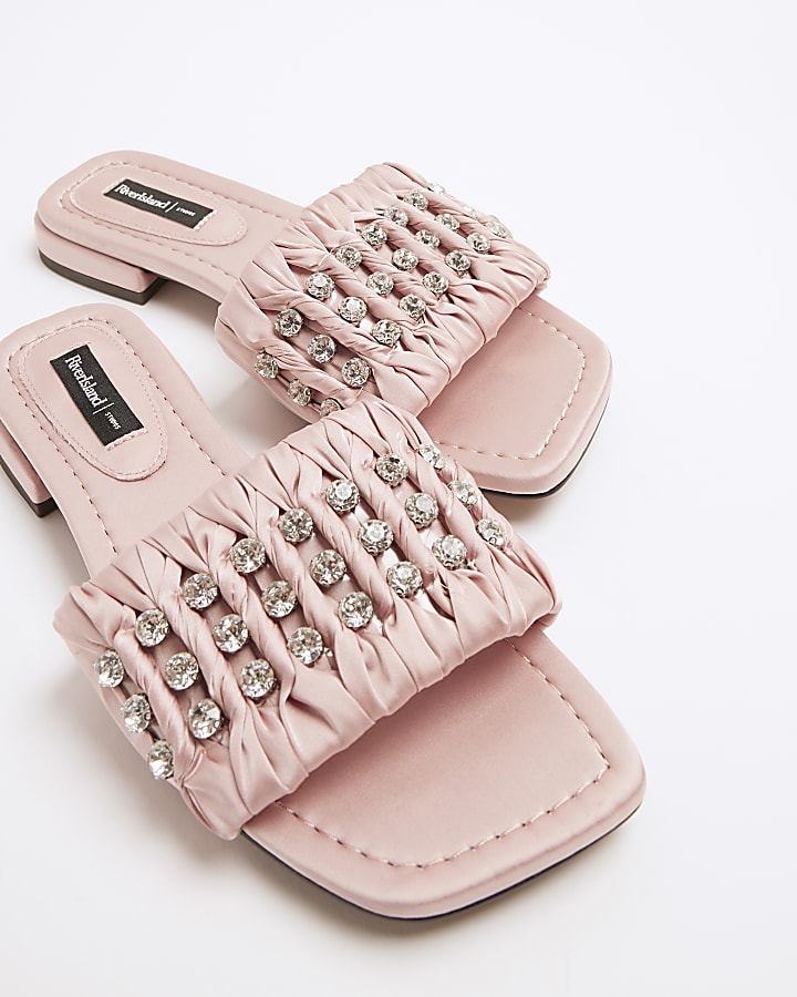 Pink Embellished Ruched Flat Sandals