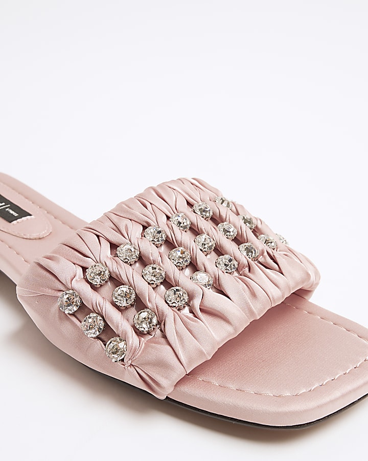 Pink Embellished Ruched Flat Sandals