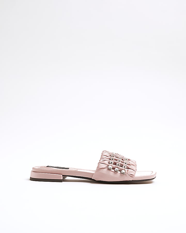 Pink Embellished Ruched Flat Sandals