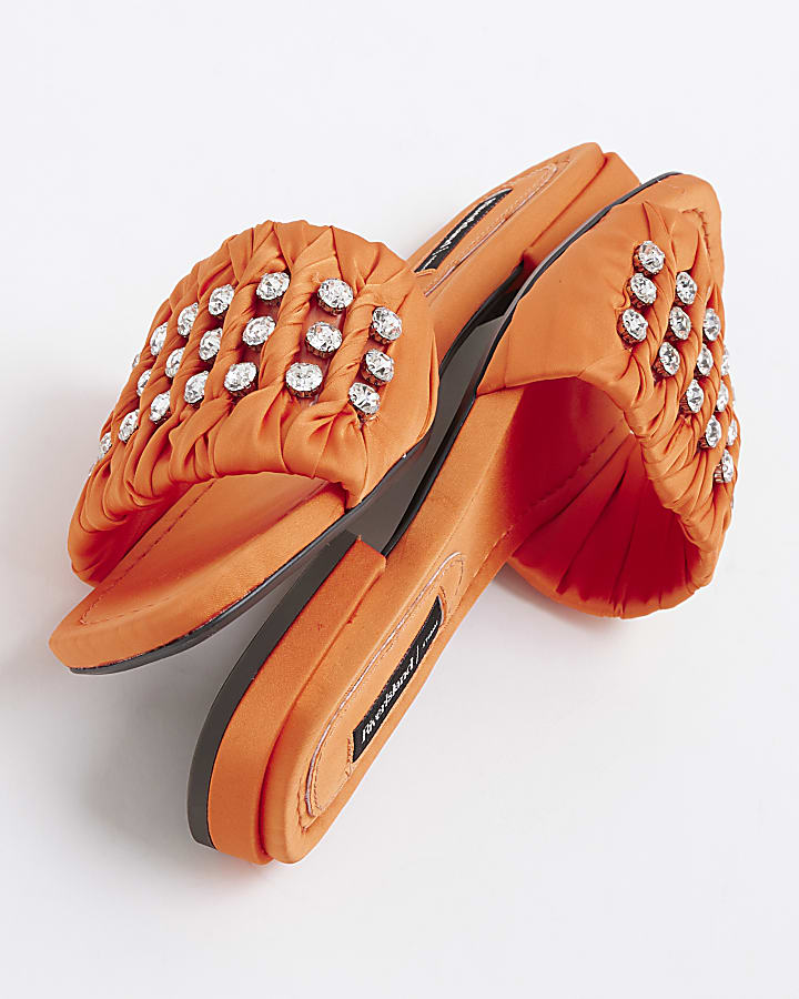 Orange Embellished Ruched Flat Sandals