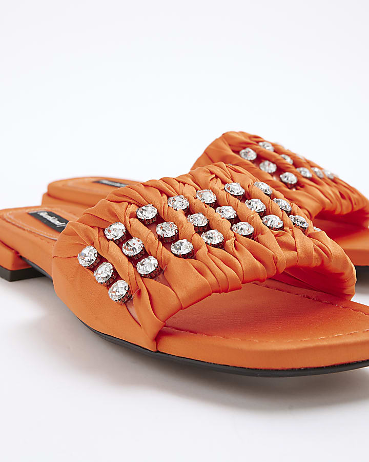 Orange Embellished Ruched Flat Sandals