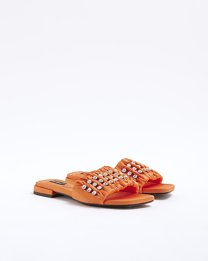 Orange Embellished Ruched Flat Sandals