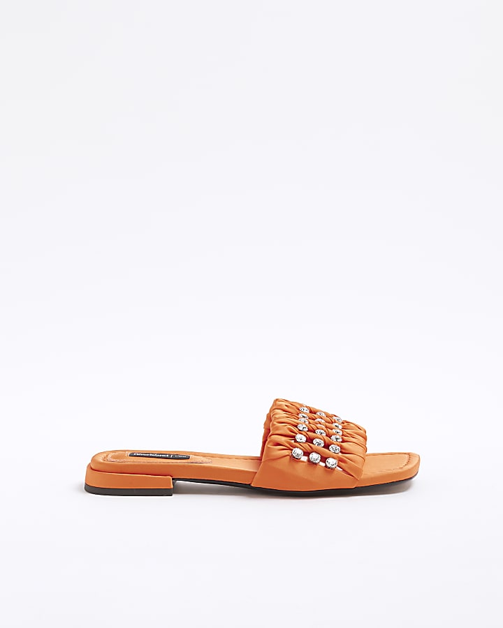 Orange Embellished Ruched Flat Sandals