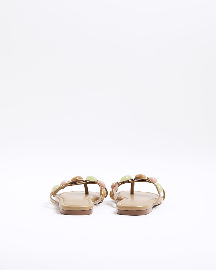 Beige Beaded Flip Flop Sandals