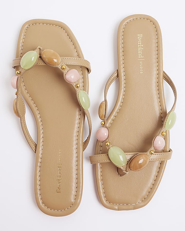 Beige Beaded Flip Flop Sandals