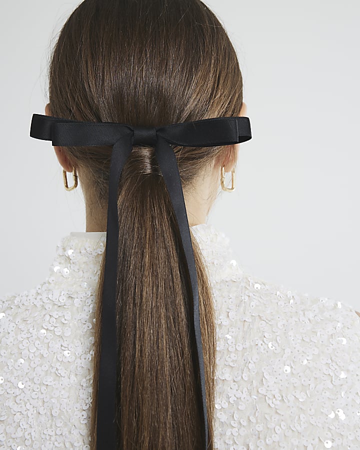 Black Satin Skinny Bow Hair Clip