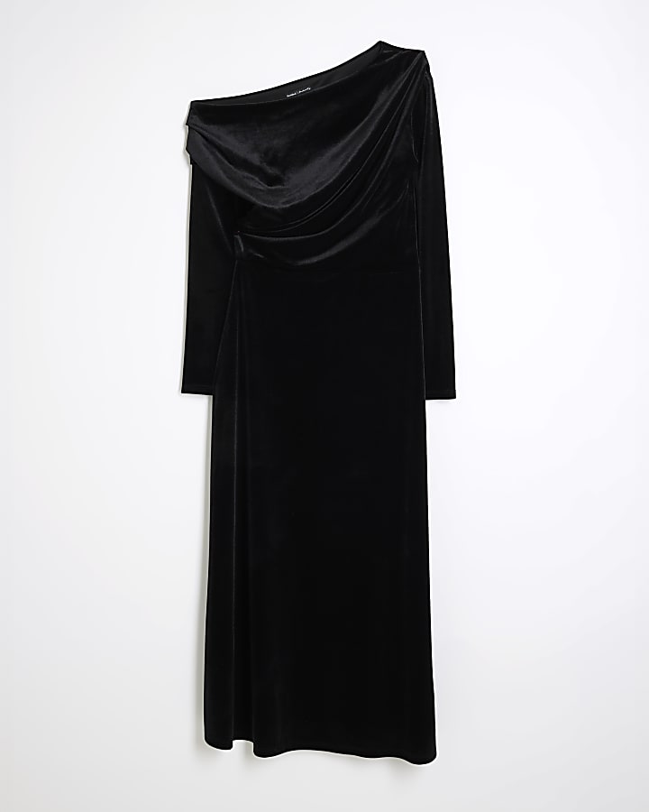 Black Velvet Drape Off Shoulder Column Dress