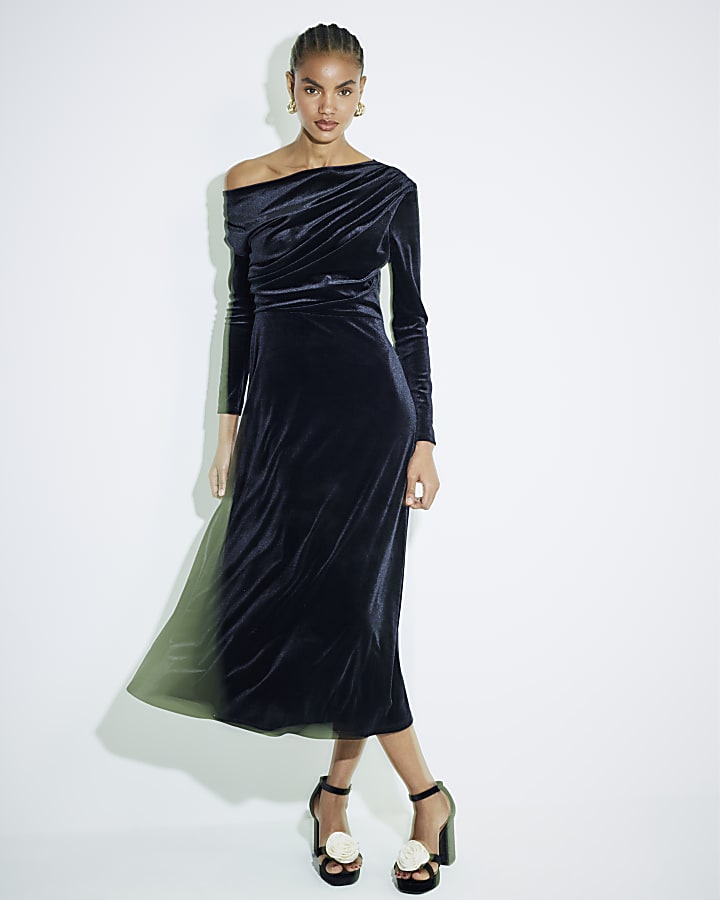 Black Velvet Drape Off Shoulder Column Dress