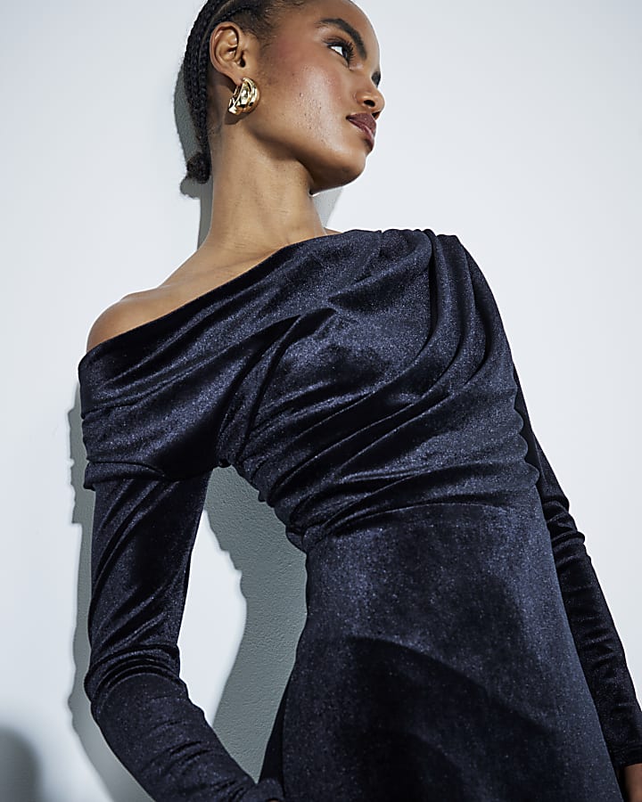 Black Velvet Drape Off Shoulder Column Dress