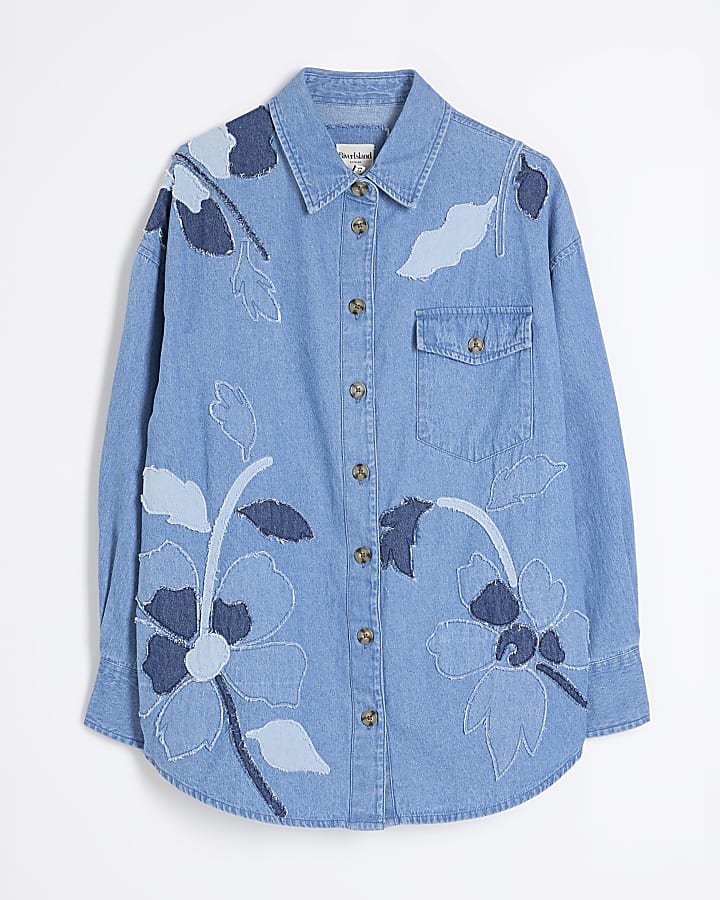 Blue Long Sleeve Floral Denim Shirt