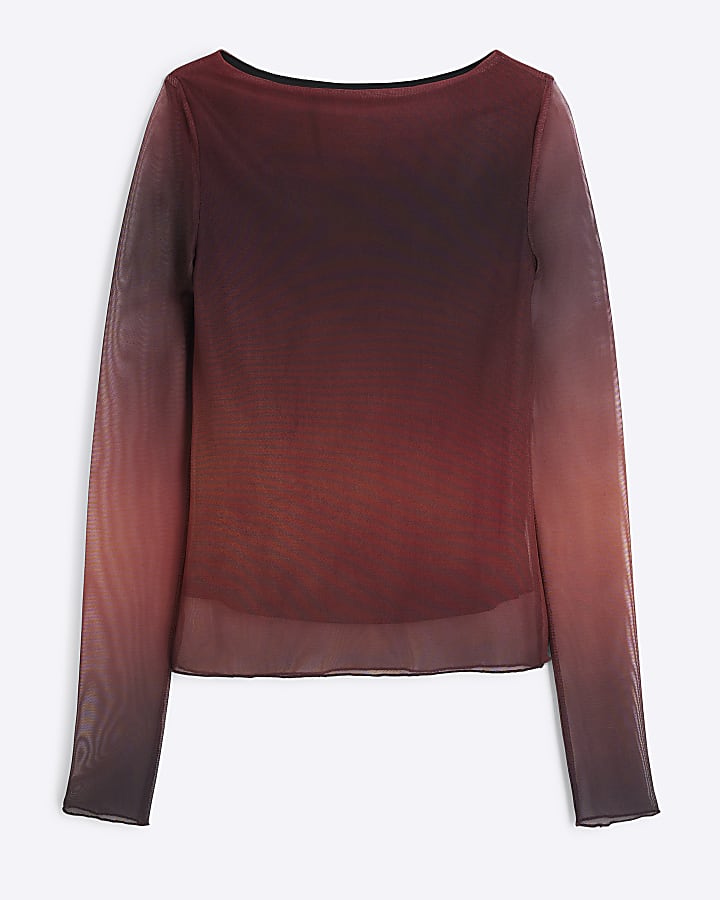 Red Mesh Ombre Print Top