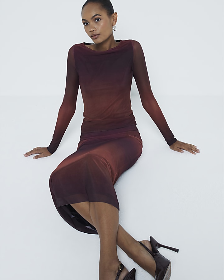 Red Mesh Ombre Print Midi Skirt