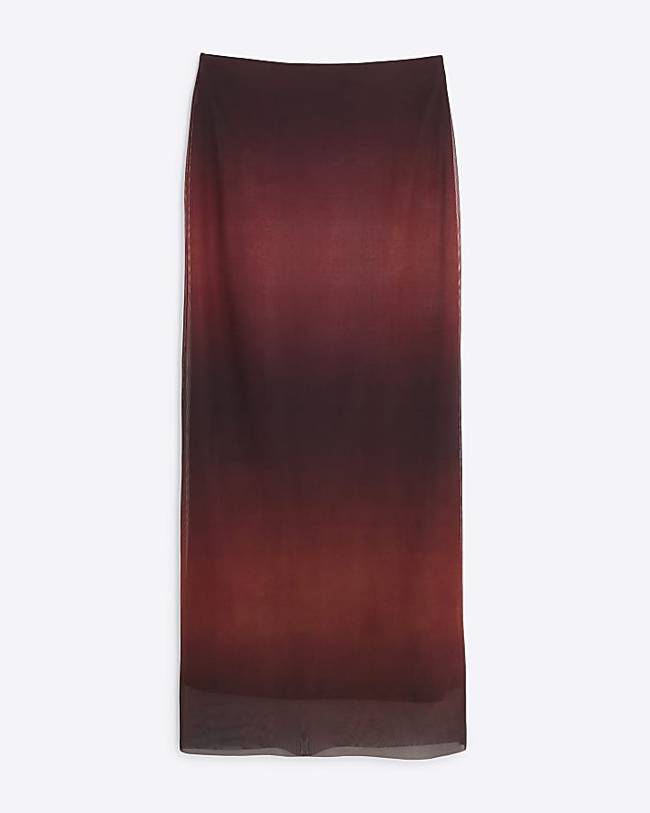 Red Mesh Ombre Print Midi Skirt