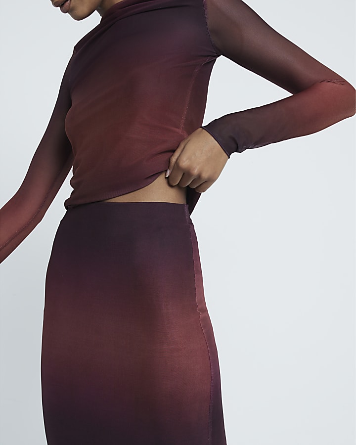 Red Mesh Ombre Print Midi Skirt