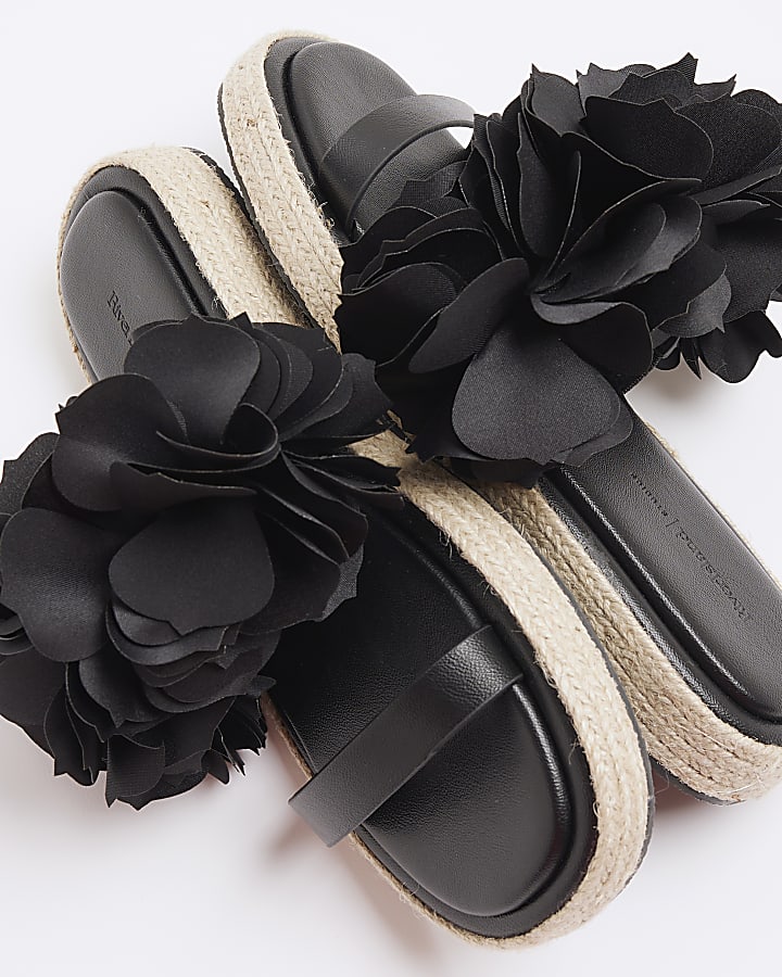 Black Flower Flatform Sandals