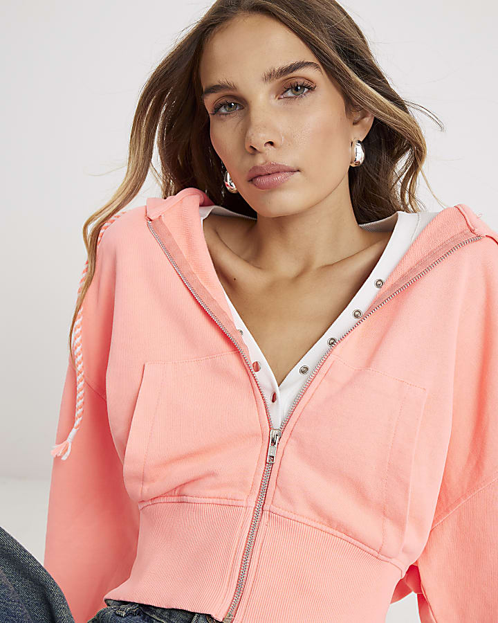 Coral Washed Zip Through Hoodie