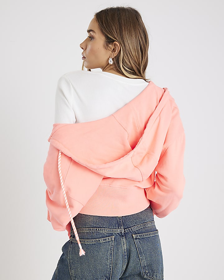 Coral Washed Zip Through Hoodie