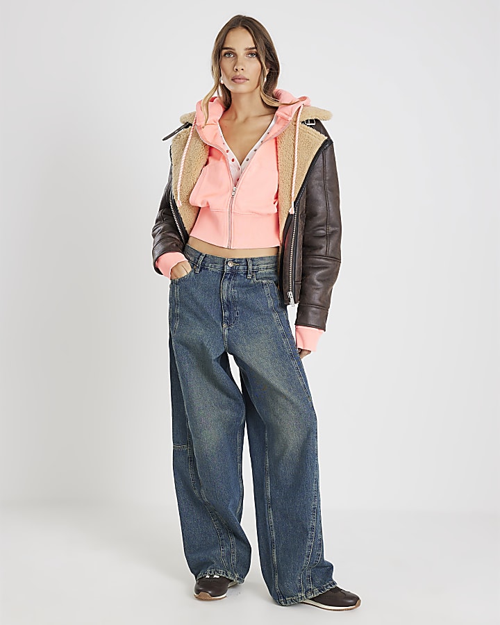 Coral Washed Zip Through Hoodie