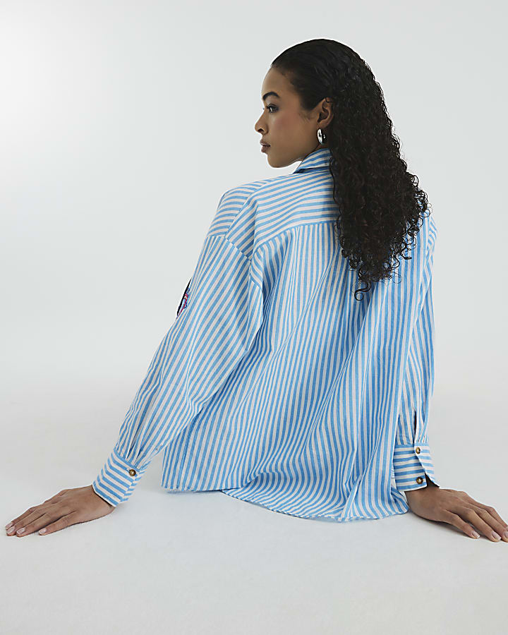 Blue Long Sleeve Embellished Stripe Shirt