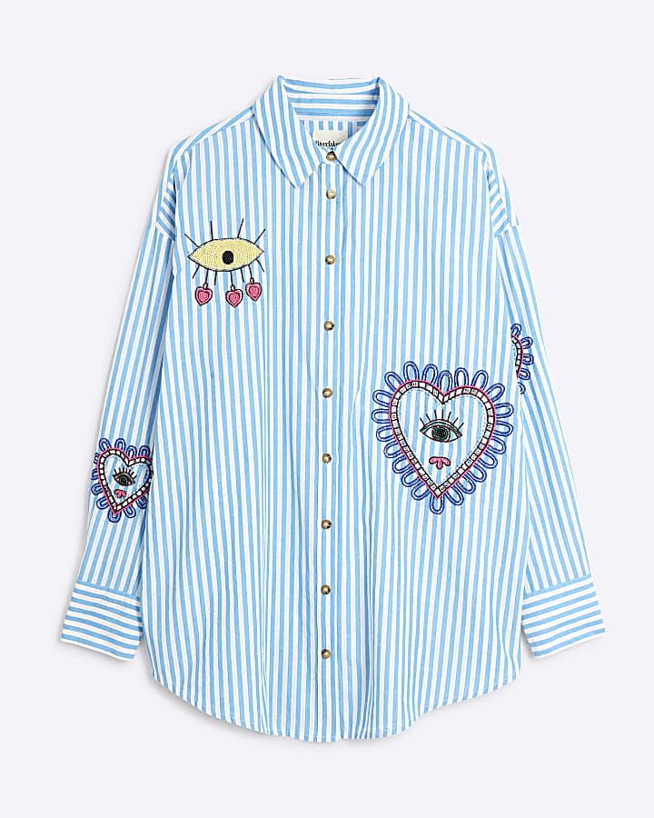 Blue Long Sleeve Embellished Stripe Shirt