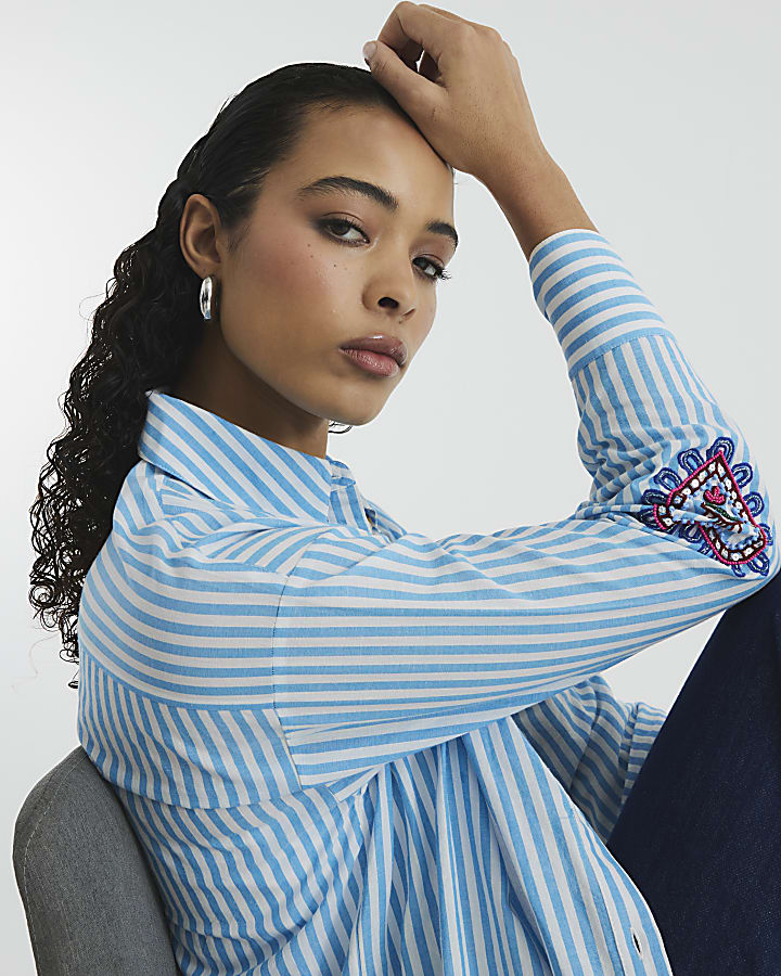 Blue Long Sleeve Embellished Stripe Shirt