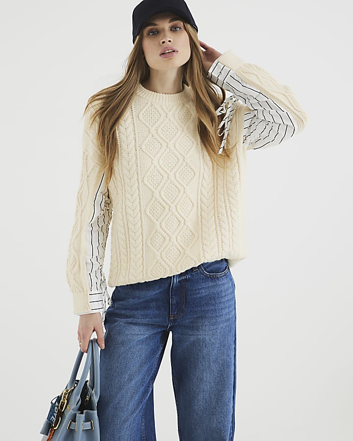 Cream Striped Sleeve Knit Jumper