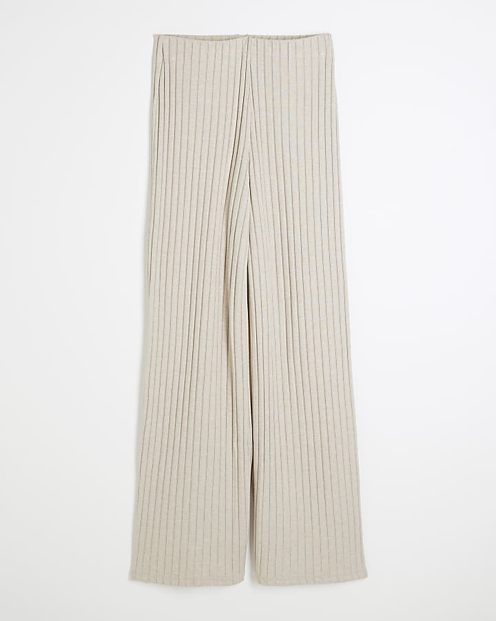 Beige Ribbed Wide Leg Trousers