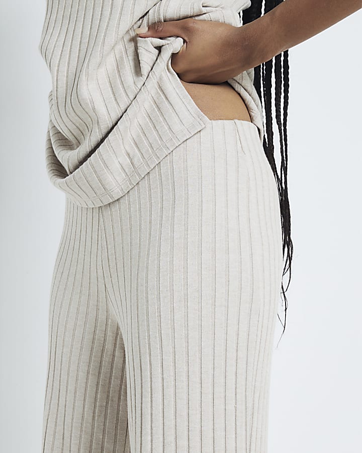 Beige Ribbed Wide Leg Trousers