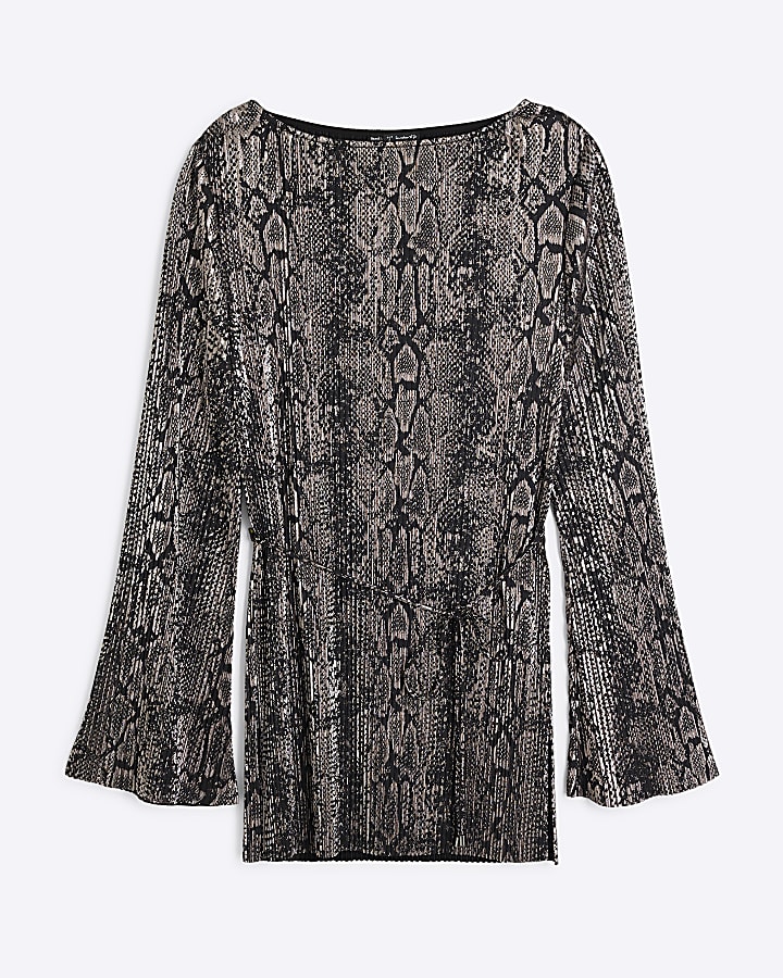 Black Metallic Snake Print Plisse Tunic