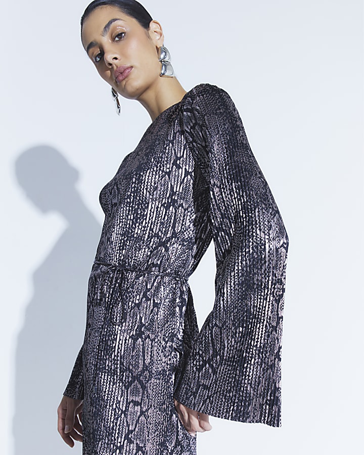 Black Metallic Snake Print Plisse Tunic