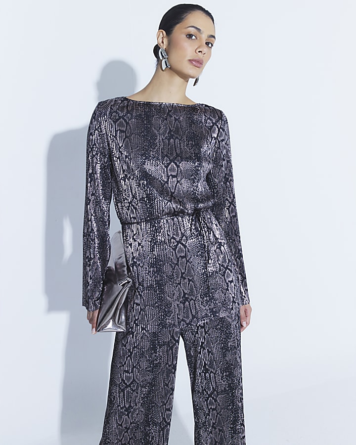 Black Metallic Snake Print Plisse Tunic
