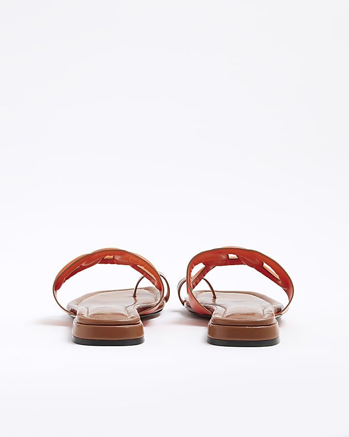 Orange Faux Leather Toe Loop Flat Sandals