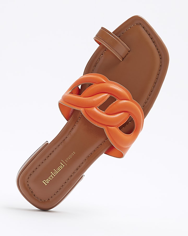 Orange Faux Leather Toe Loop Flat Sandals