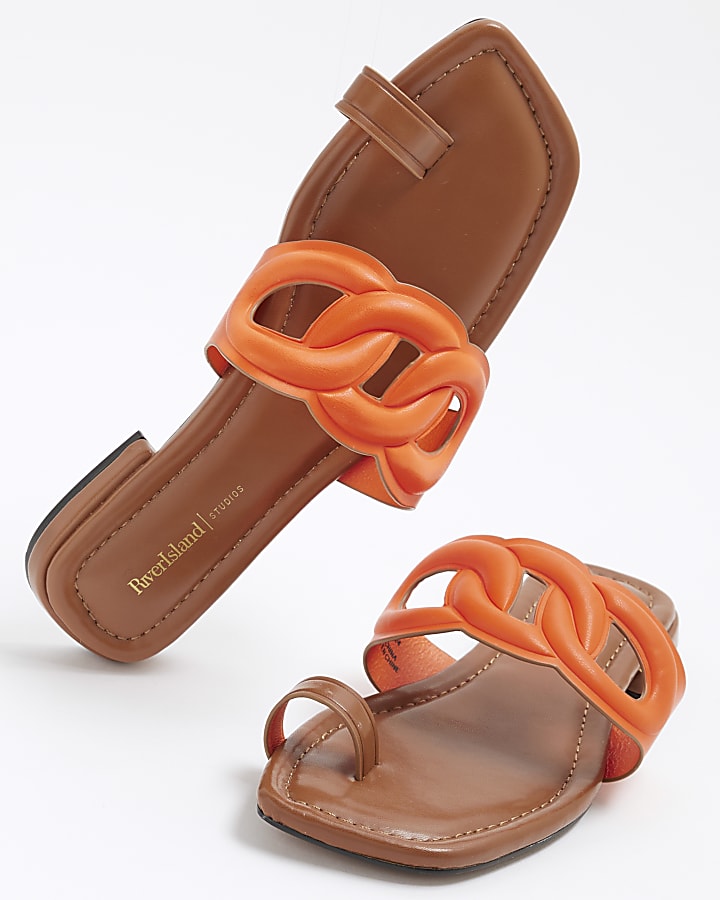 Orange Faux Leather Toe Loop Flat Sandals