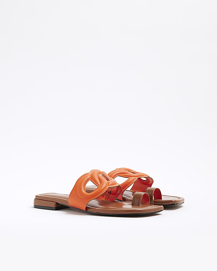 Orange Faux Leather Toe Loop Flat Sandals