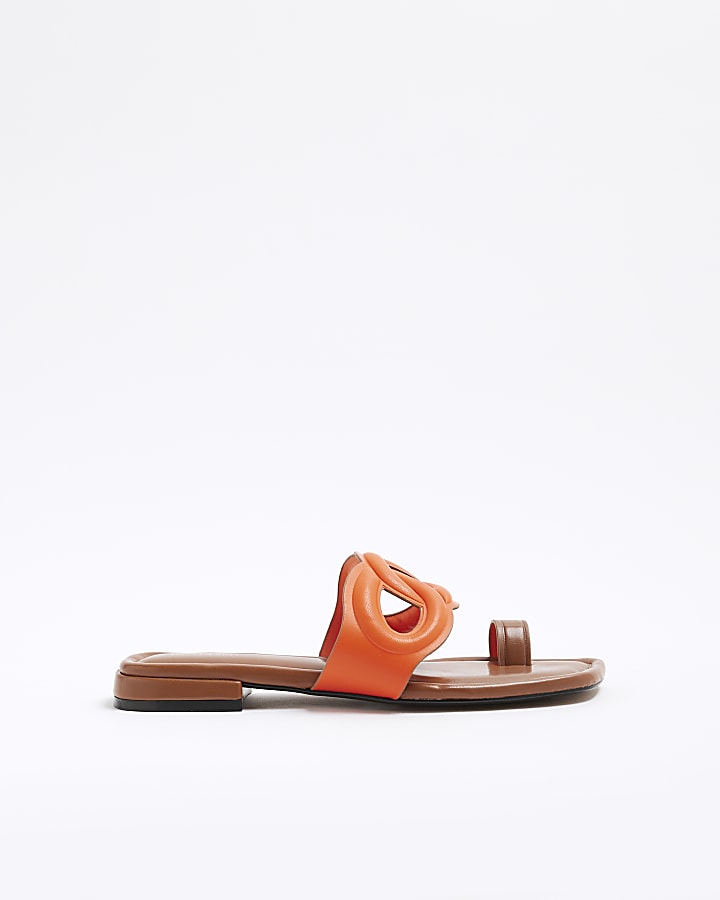 Orange Faux Leather Toe Loop Flat Sandals